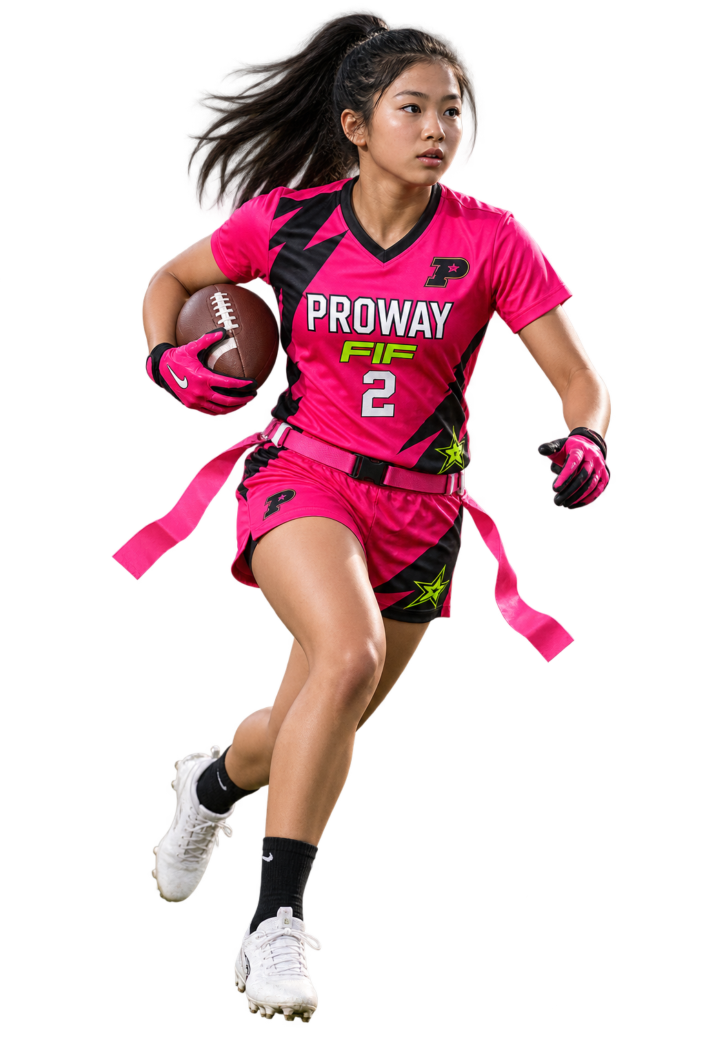 Realistic Asian athlete concept wearing the final Proway pink and black uniform design